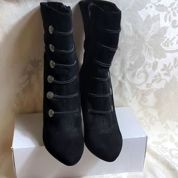 Rialto Black Suede Chung Button Marching Style Mid Calf Hi Heeled Boots - Picture 4 of 10